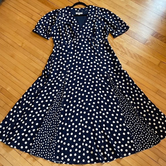 Boden Dresses & Skirts - BODEN Rosie Godet Tea Dress 16-18 Navy Polka Dot Fit and Flare Pockets Lined